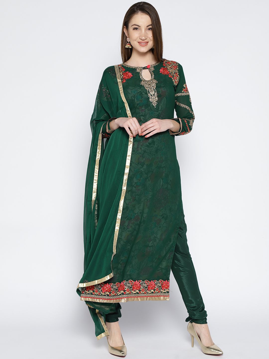 mf Green Poly Georgette Unstitched Dress Material Price in India