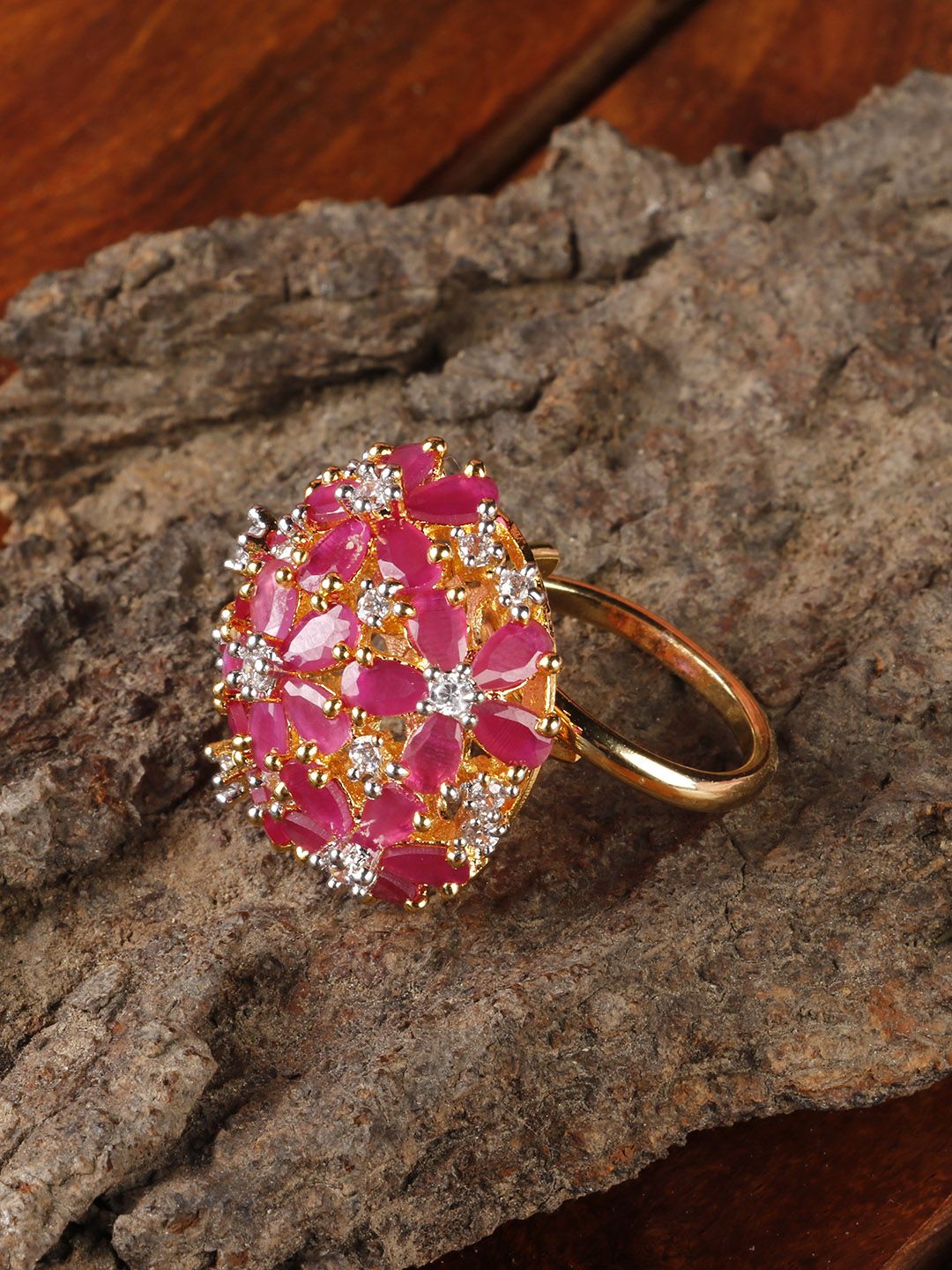 Priyaasi Pink Gold-Plated Stone-Studded Floral Adjustable Ring Price in India