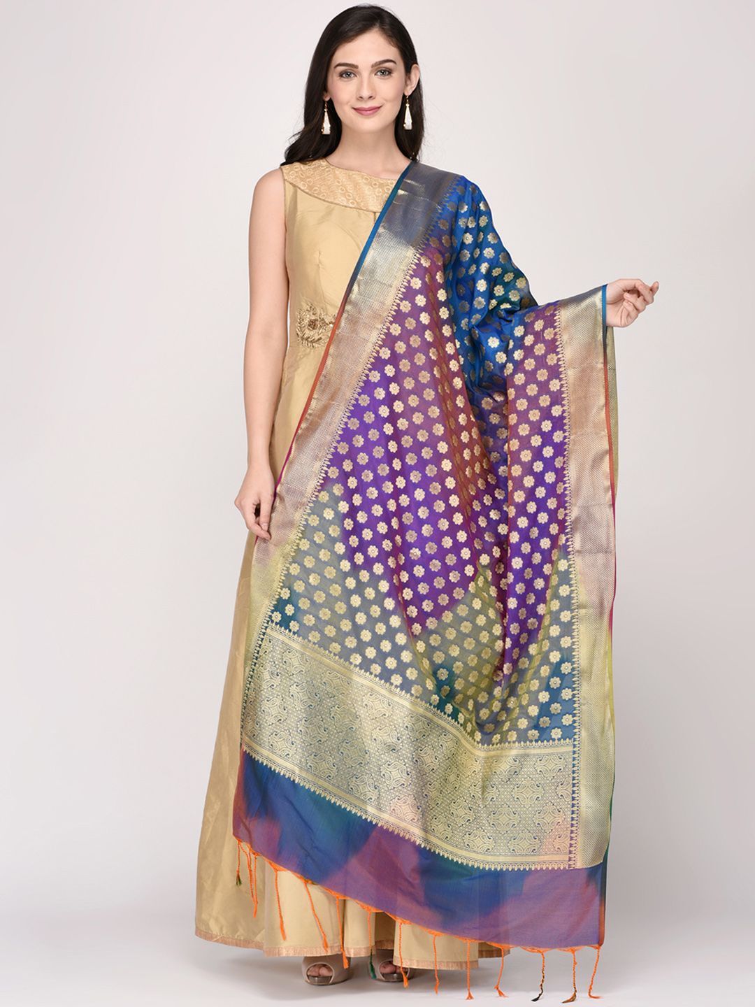 Dupatta Bazaar Blue & Gold-Toned Woven Design Dupatta Price in India