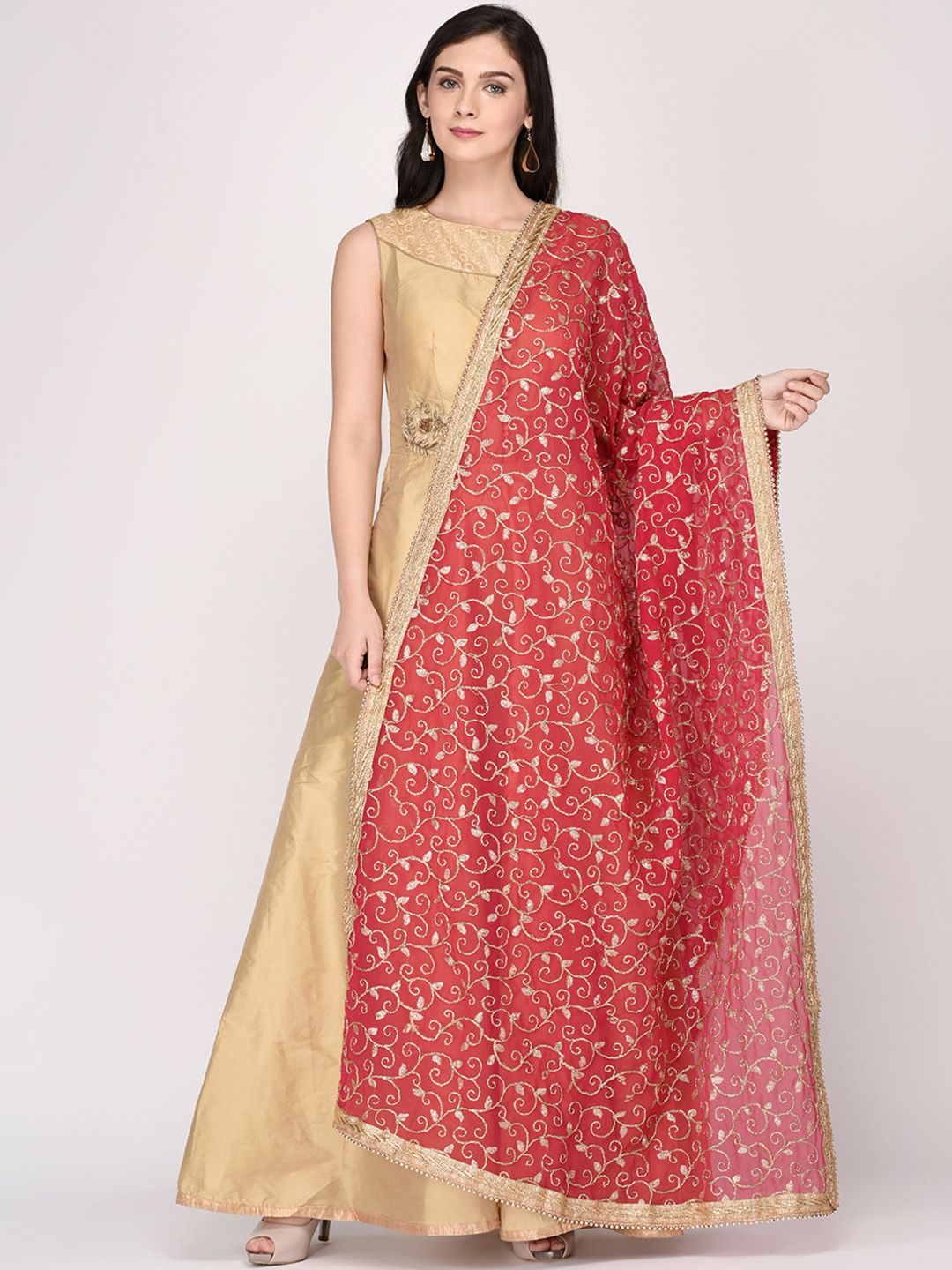 Dupatta Bazaar Pink & Gold-Toned Embroidered Dupatta Price in India