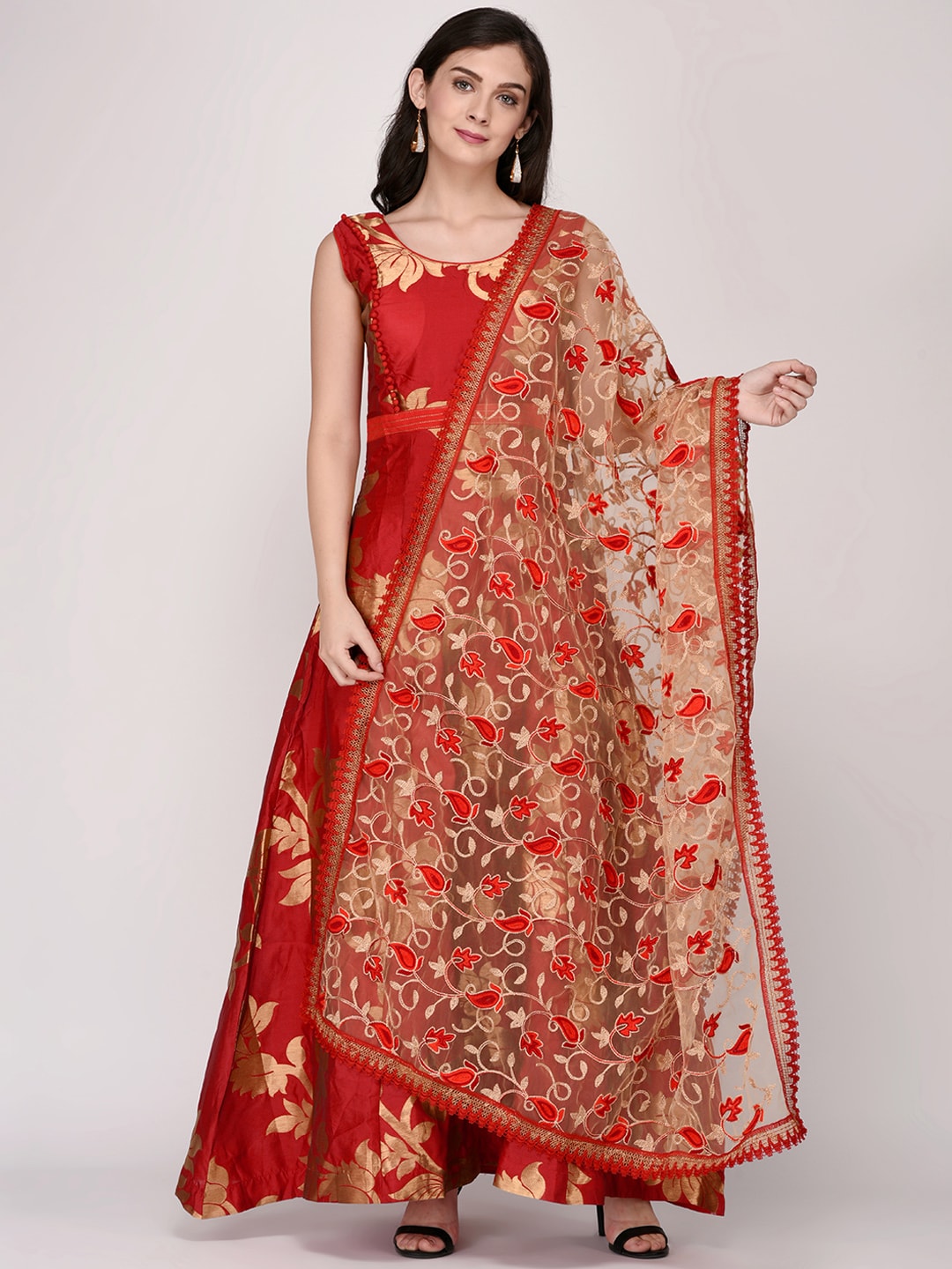 Dupatta Bazaar Red & Beige Embroidered Dupatta Price in India