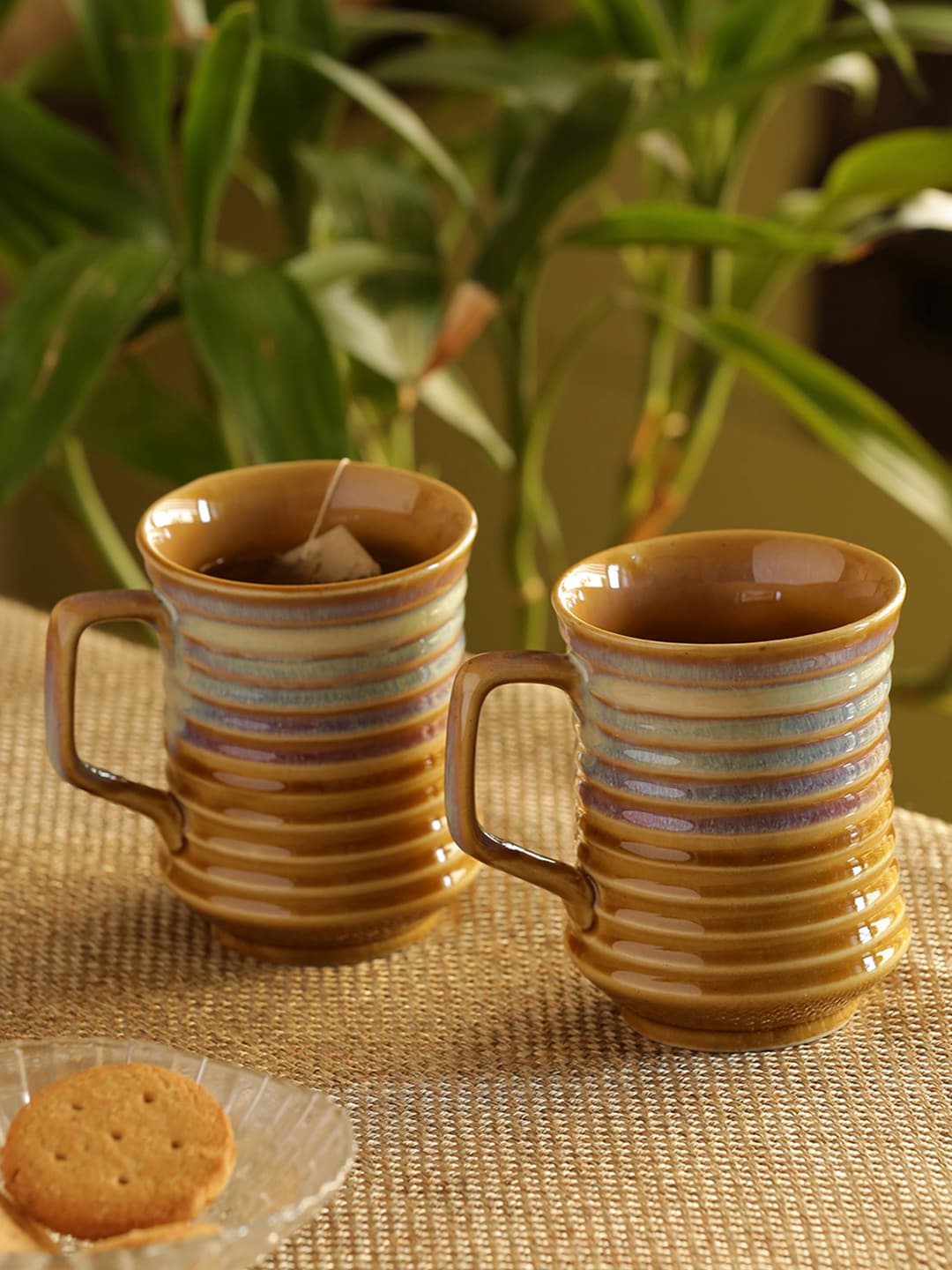 ExclusiveLane Tea-Coffee & Milk Mugs Dual-Glazed Studio Pottery In Ceramic (Set Of 2) Price in India