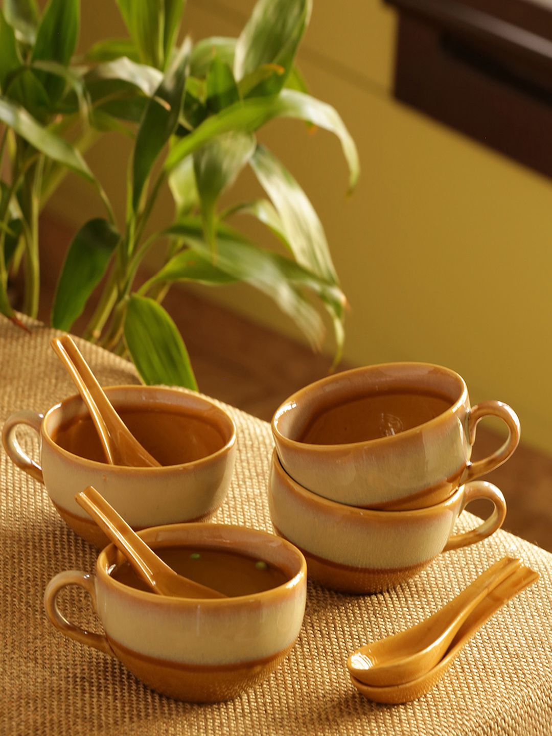 ExclusiveLane Set of 4 Mustard & Off-White Ceramic Dual Glazed Soup Bowl Set Price in India