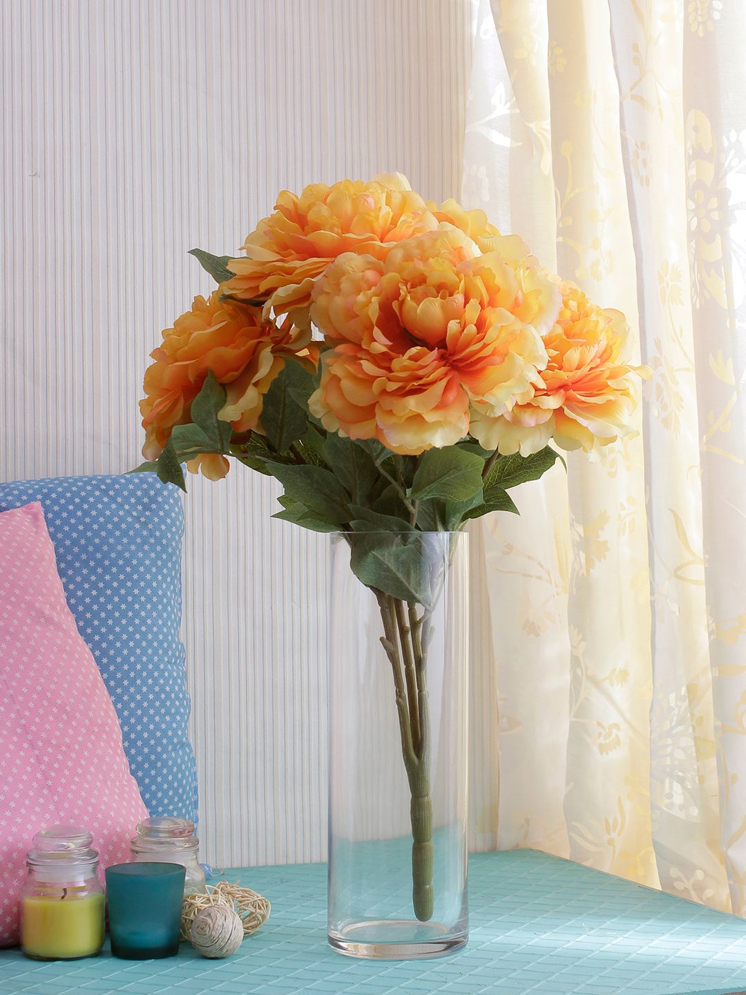 Fourwalls Yellow & Green Artificial Peony Flower Bunch without Pot Price in India
