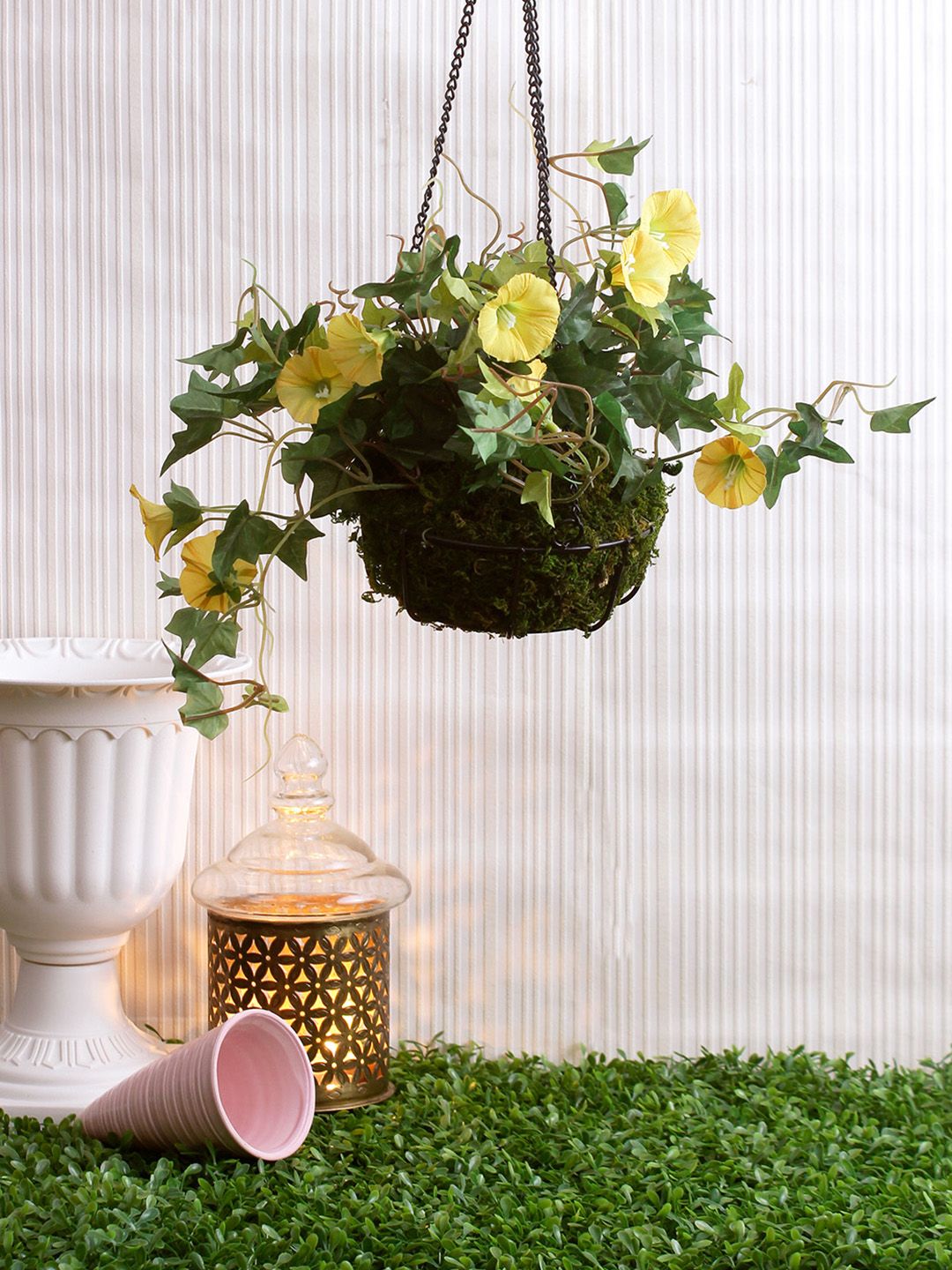 Fourwalls Yellow & Green Artificial Hanging Morning Glory Flower Plants with Basket Price in India