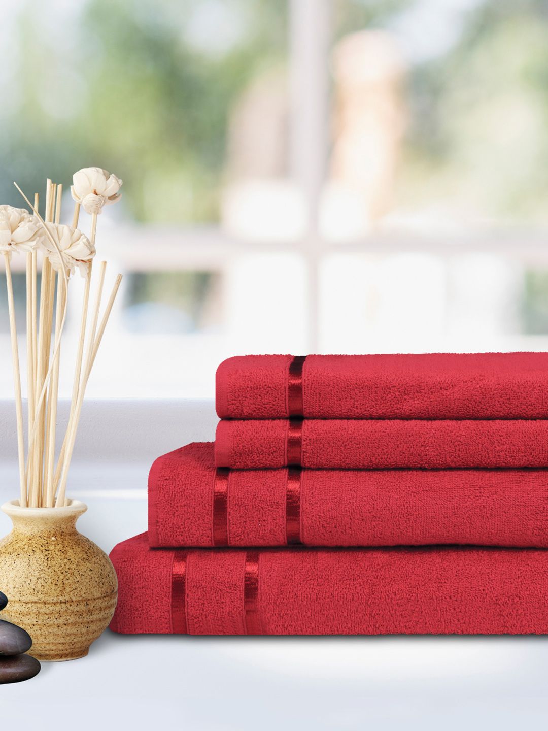 Story@home Unisex Red Cotton 450 GSM Set of 4 100% Cotton Soft Towels Price in India