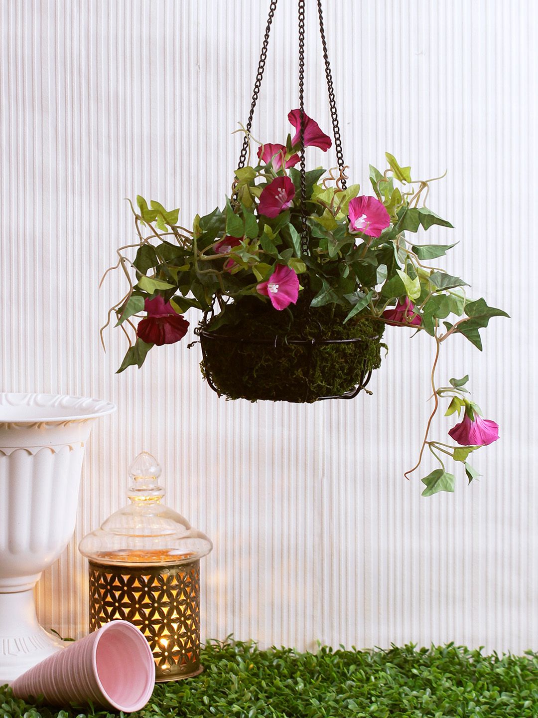 Fourwalls Purple & Green Artificial Hanging Morning Glory Flower Plants with Basket Price in India