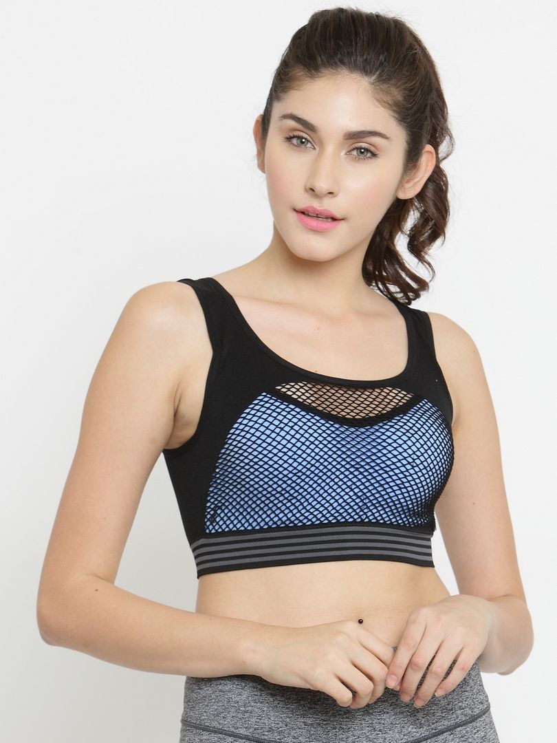 PrettyCat Blue & Black Solid Non-Wired Lightly Padded Sports Bra Price in India