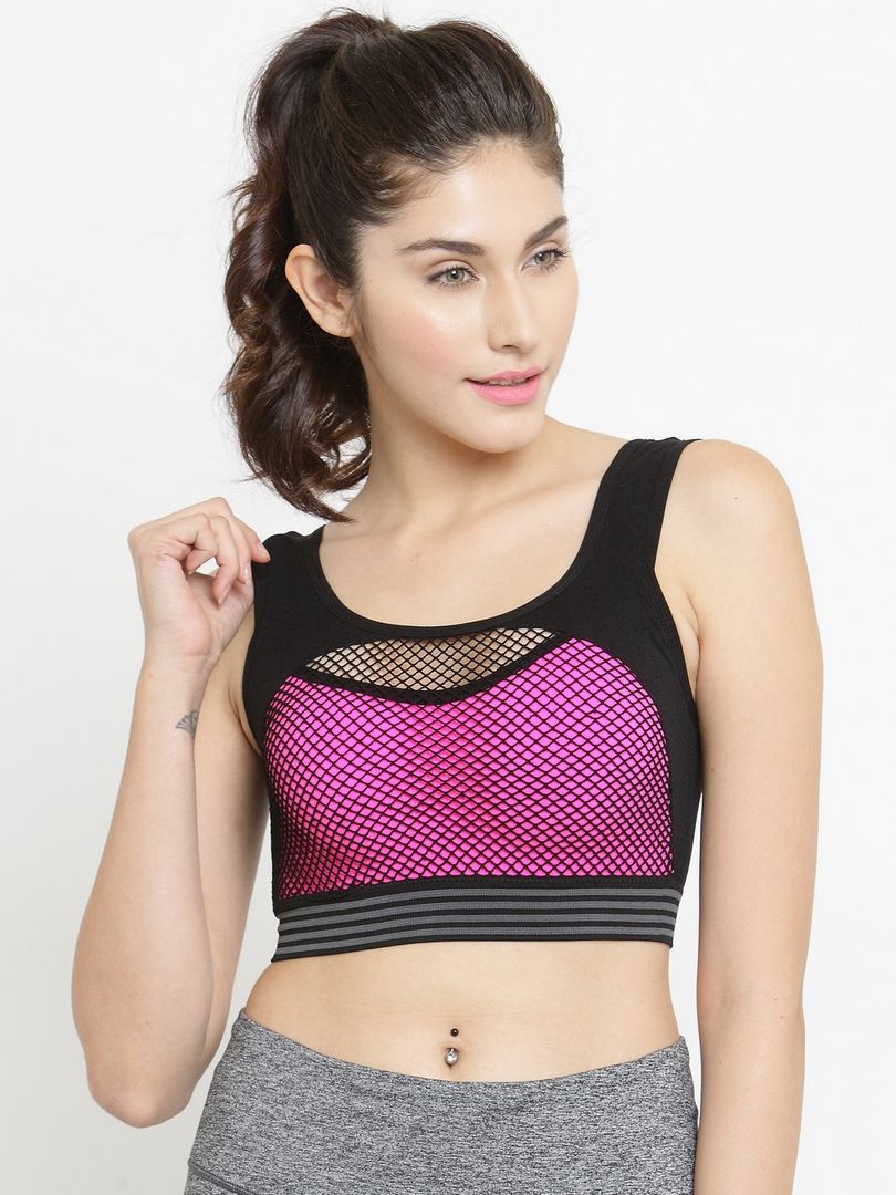 PrettyCat Pink & Black Solid Non-Wired Lightly Padded Sports Bra Price in India