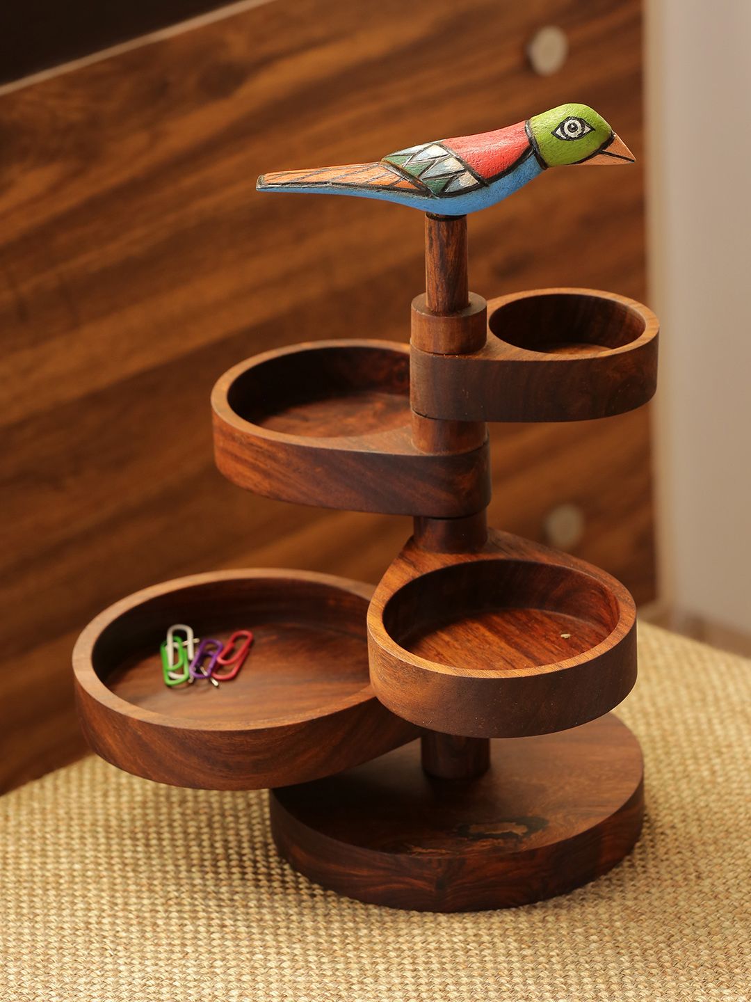 ExclusiveLane Brown Bird Multi-Utility Sheesham Wooden Jewellery Organiser Tray Price in India