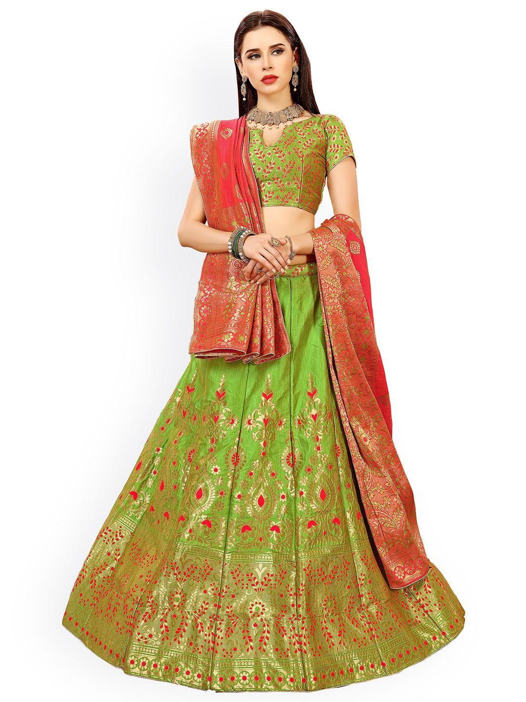 Chhabra 555 Green & Red Embellished Semi-Stitched Lehenga & Unstitched Blouse with Dupatta Price in India