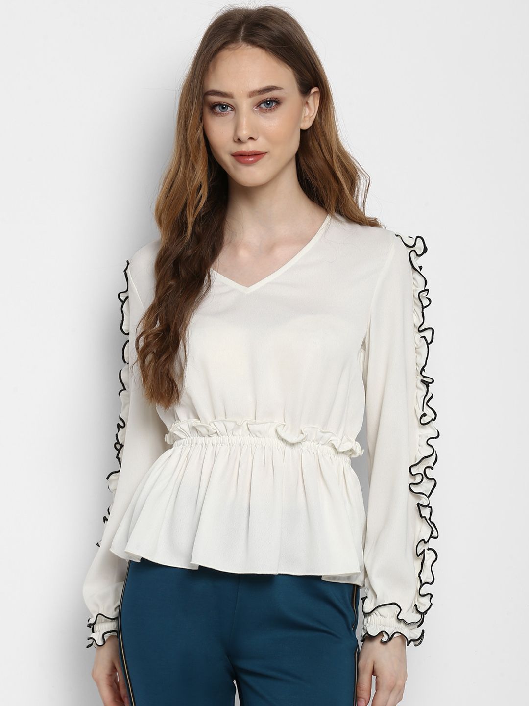 Kazo Women White Solid Cinched Waist Top Price in India