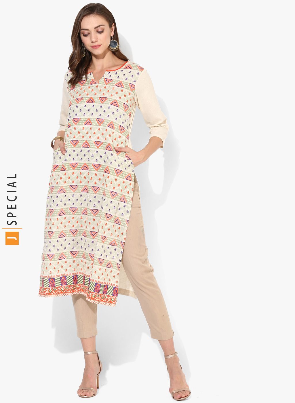 Sangria Printed Round Neck Straight Fit Kurta With 3/4Th Sleeves