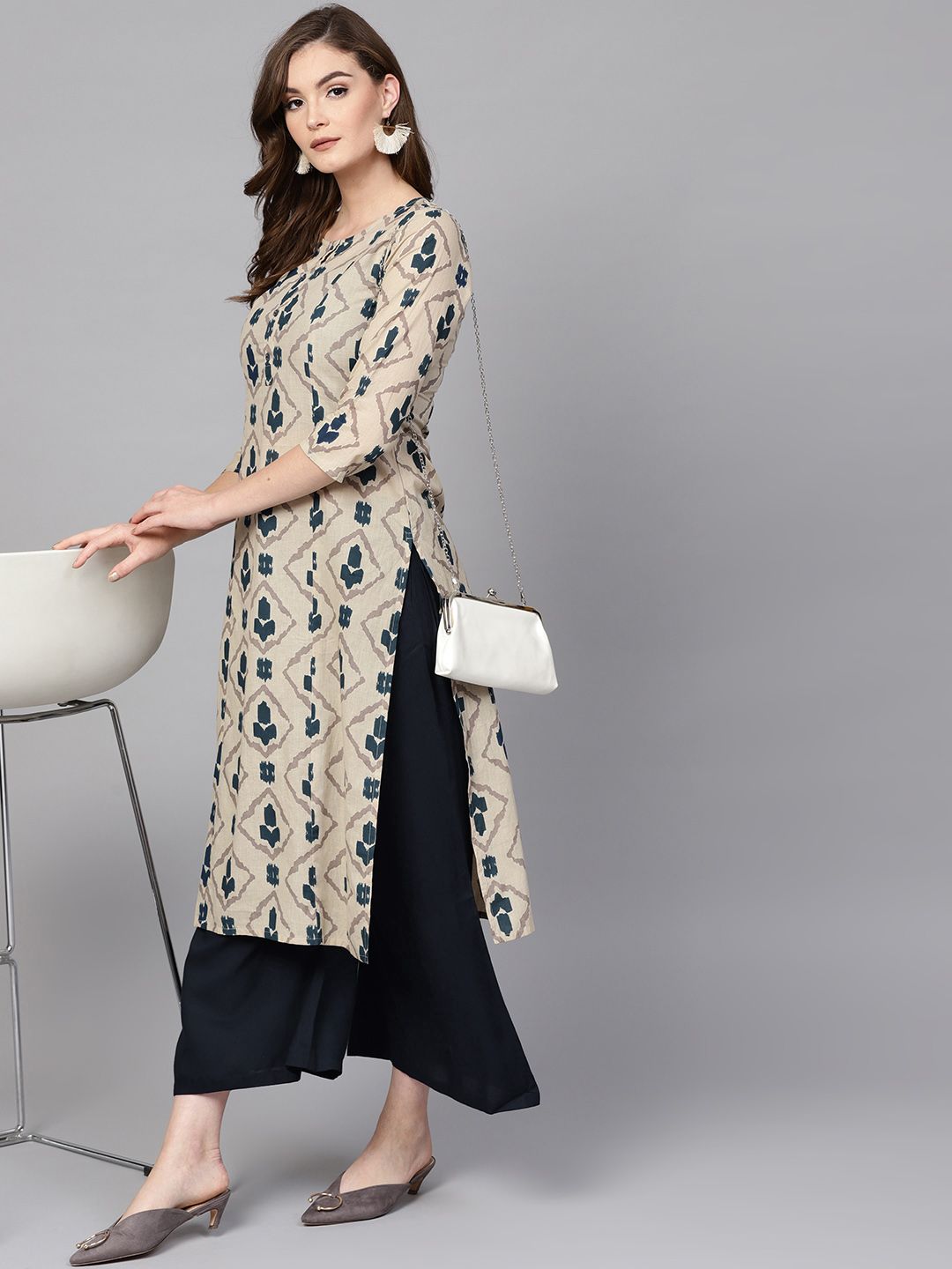 Yufta Women Beige & Blue Printed Kurta with Palazzos Price in India