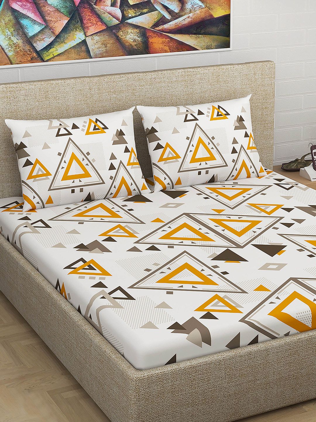 Divine Casa Orange & Grey Geometric Flat 144 TC Cotton 1 King Bedsheet with 2 Pillow Covers Price in India