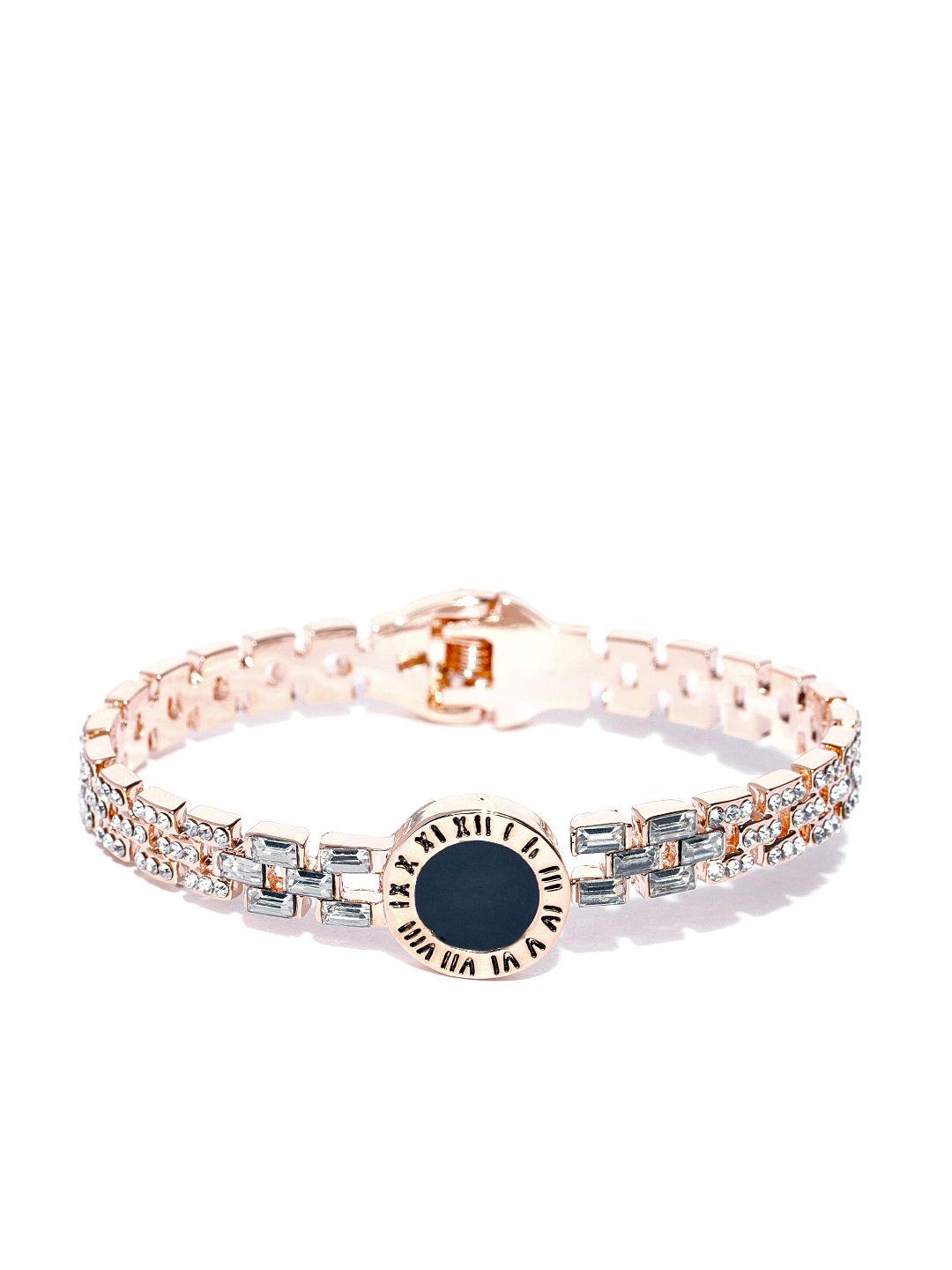 Jewels Galaxy Silver-Toned Rose Gold-Plated Stone-Studded Handcrafted Cuff Bracelet Price in India