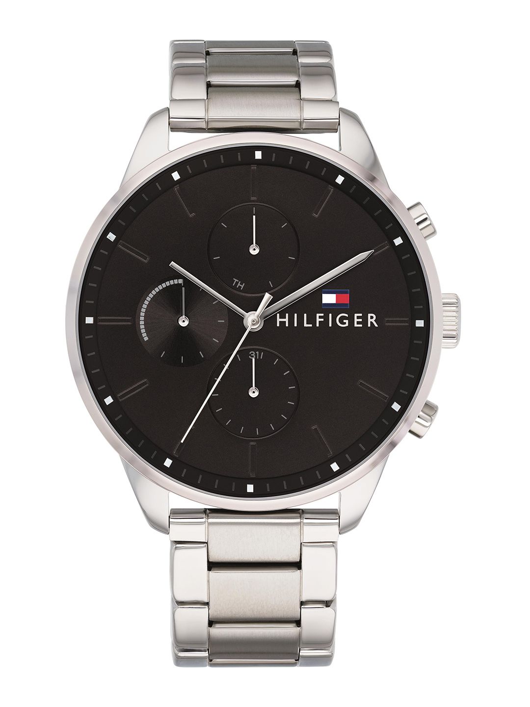 Tommy Hilfiger Tommy Hilfiger Men Black Dial & Steel Toned Stainless Steel Bracelet Style Straps Analogue Chronograph Watch
