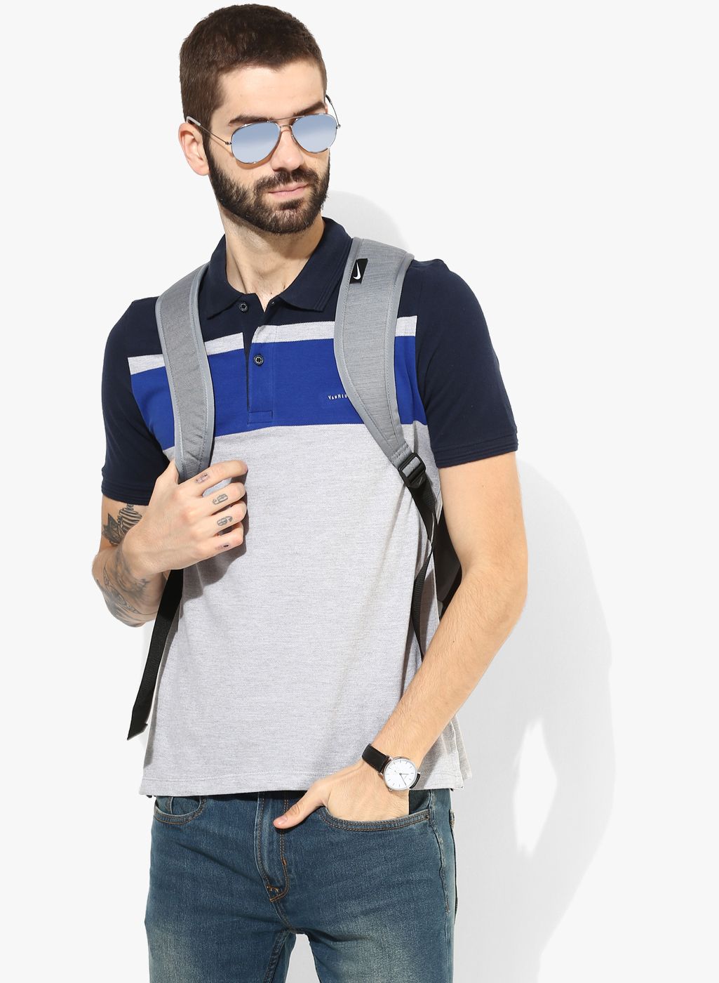 Van Heusen Grey Colourblocked Slim Fit Polo T-Shirt