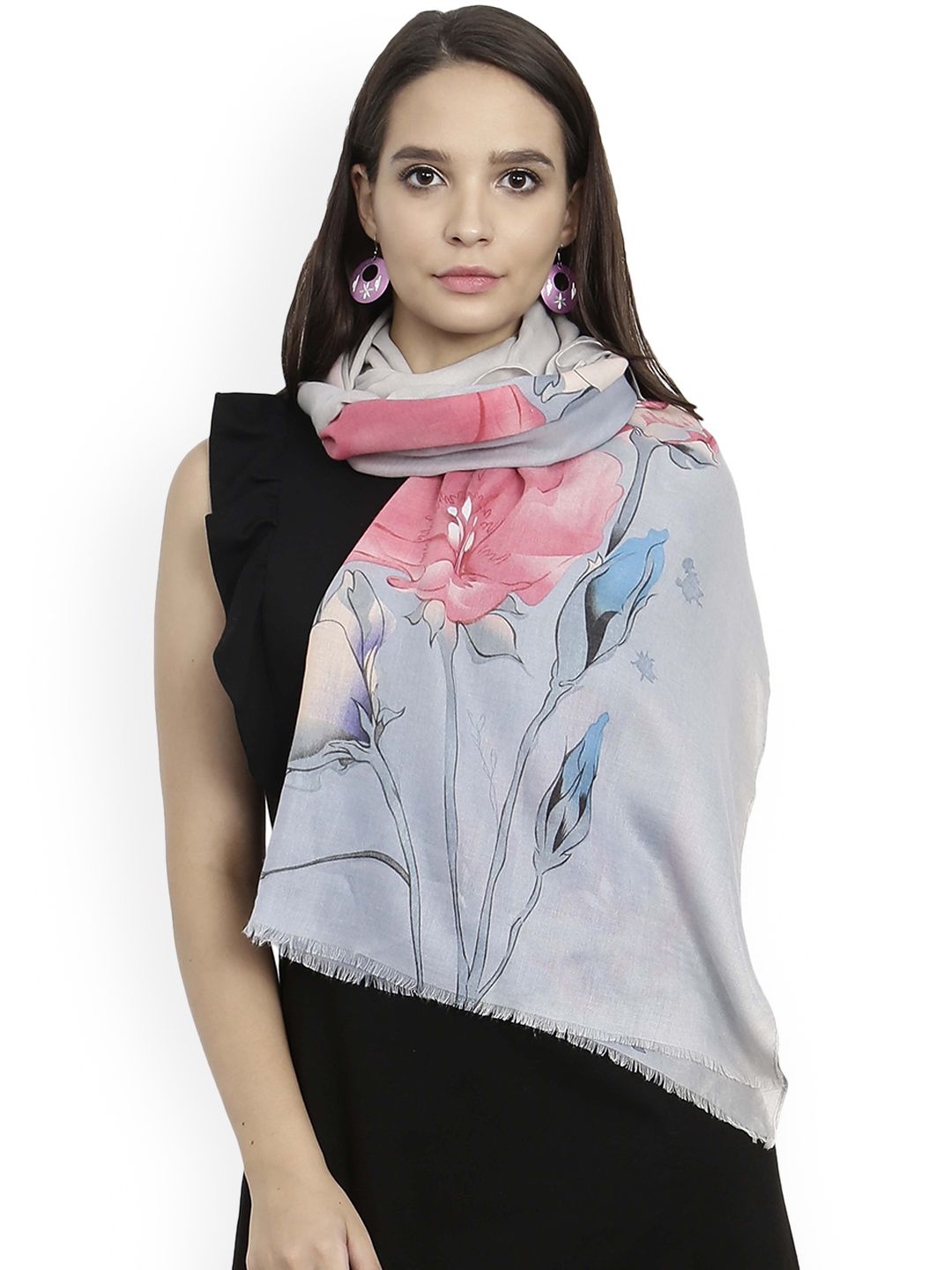 FabSeasons Grey & Pink Printed Scarf Price in India