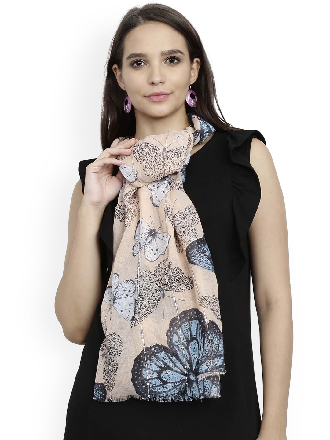 FabSeasons Women Peach-Coloured & Blue Printed Scarf Price in India