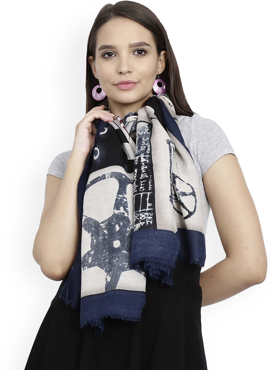 FabSeasons Women Beige & Navy Blue Printed Scarf Price in India