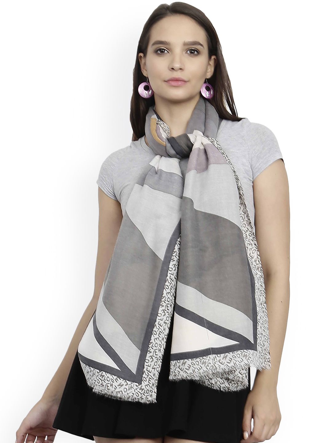 FabSeasons Women Grey & Brown Printed Scarf Price in India