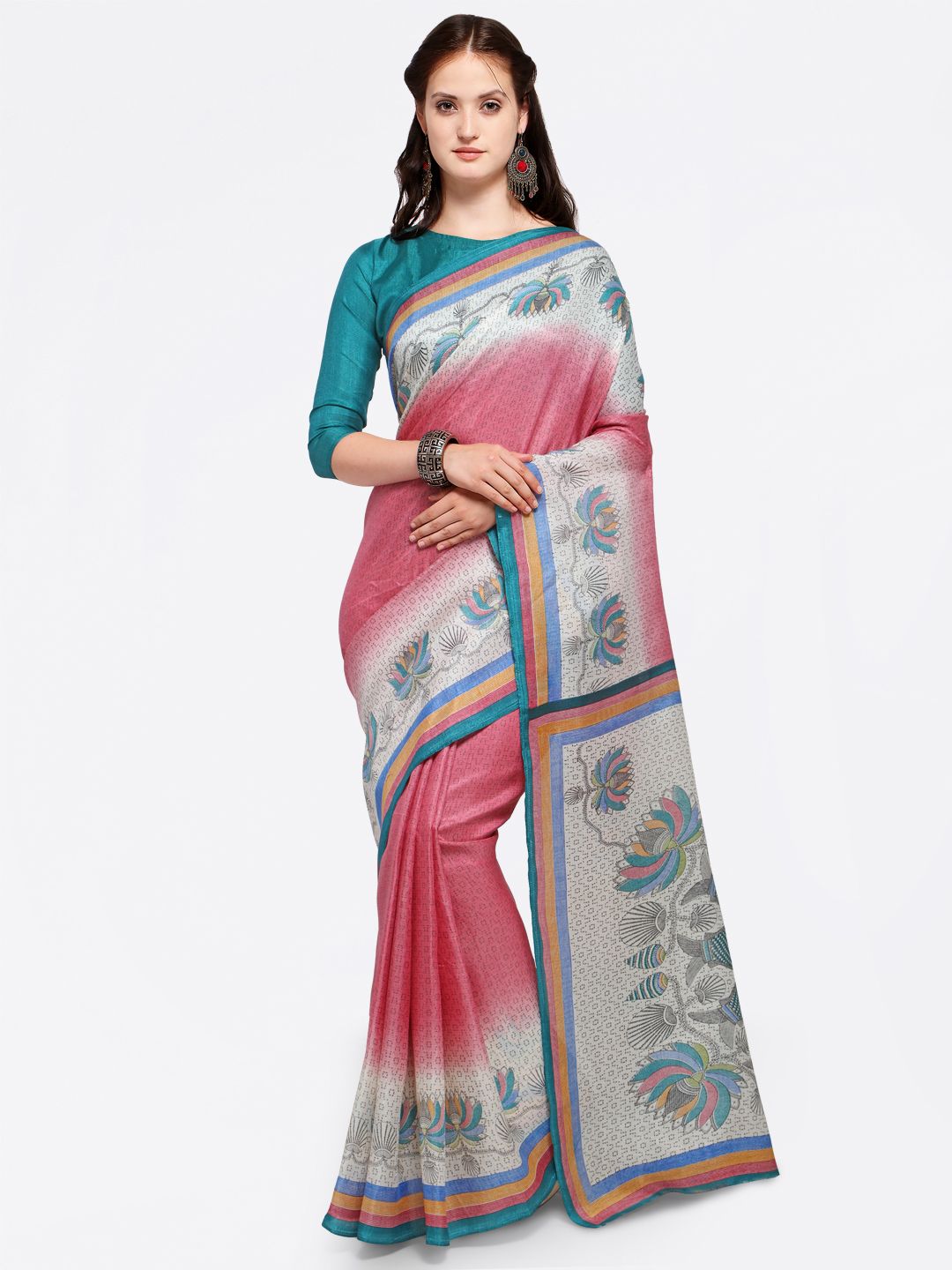 Saree mall Pink & Grey Art Silk Printed Bhagalpuri Saree Price in India