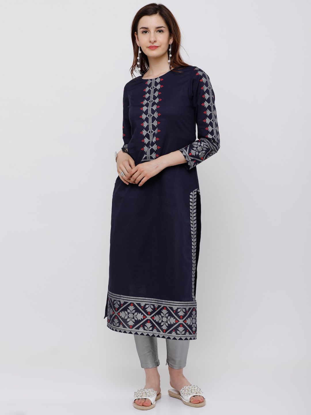 Vishudh Women Navy Blue Yoke Design Straight Kurta