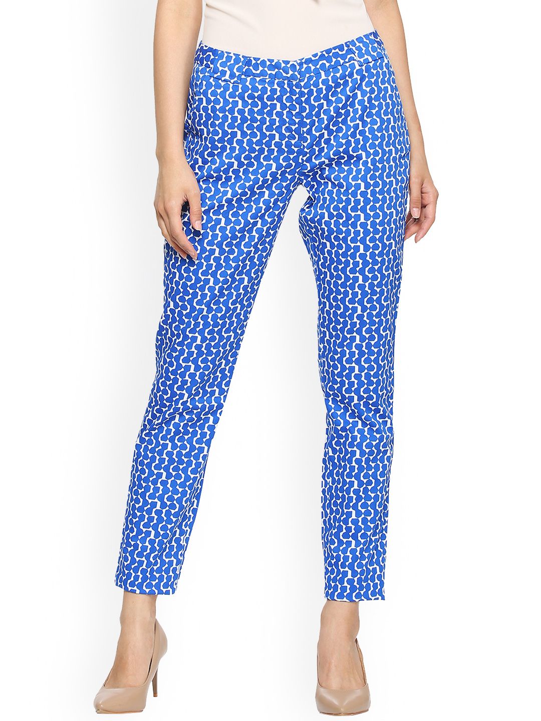 Allen Solly Woman Blue & White Regular Fit Printed Regular Cropped Trousers Price in India