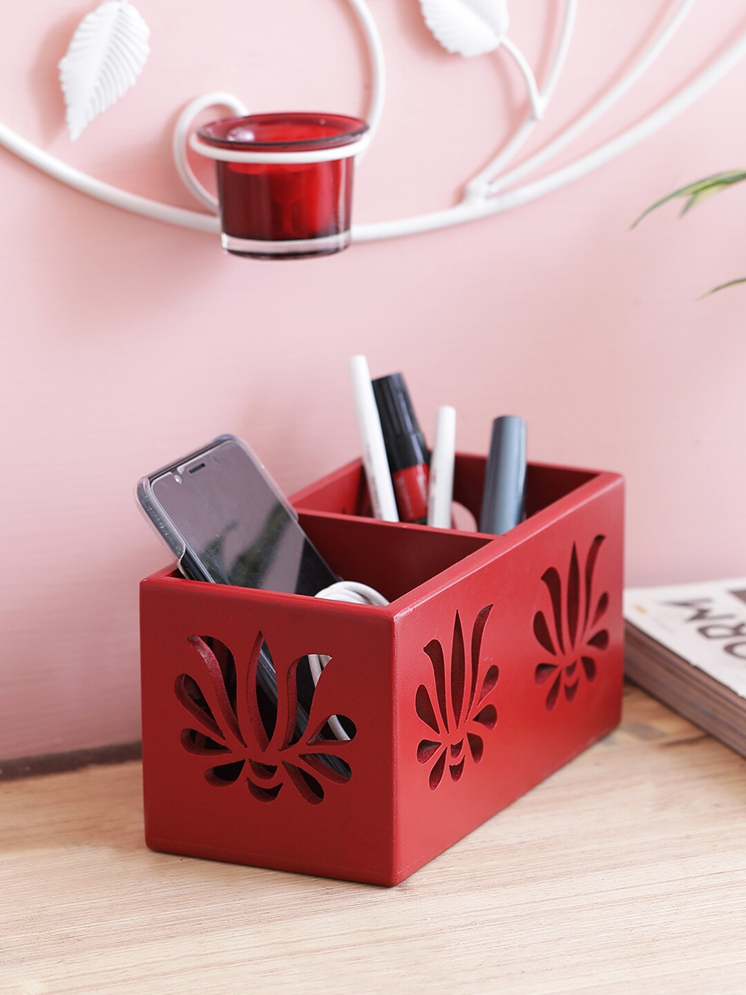 Home Sparkle Red Wooden Desk Organiser Price in India