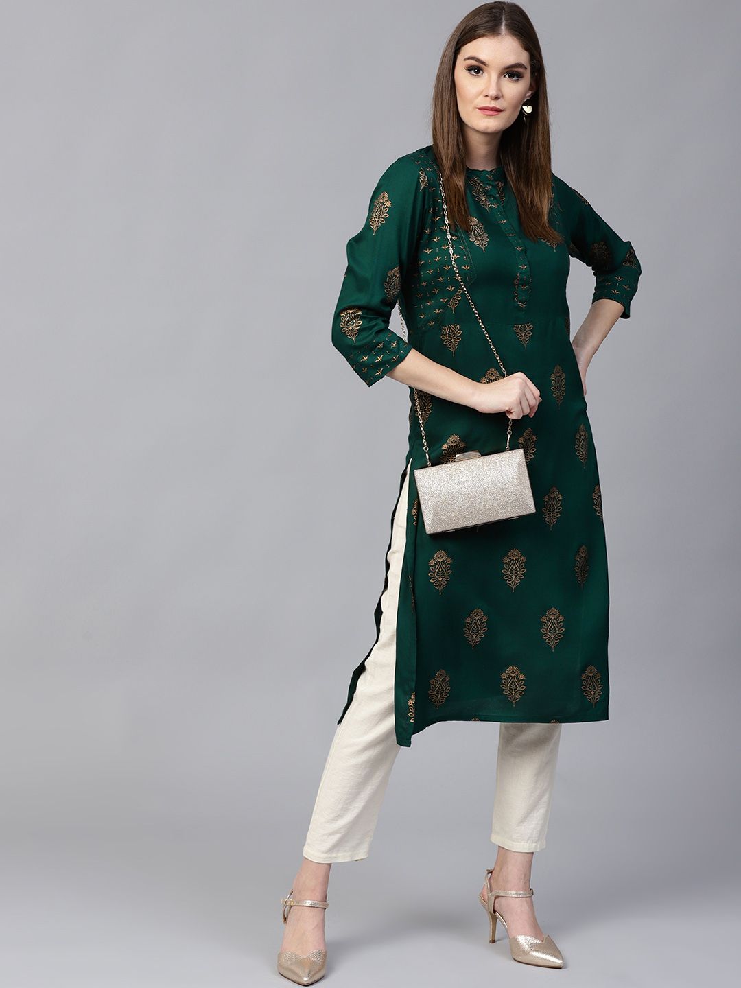 Pannkh Women Green & Gold-Toned Printed Straight Kurta Price in India