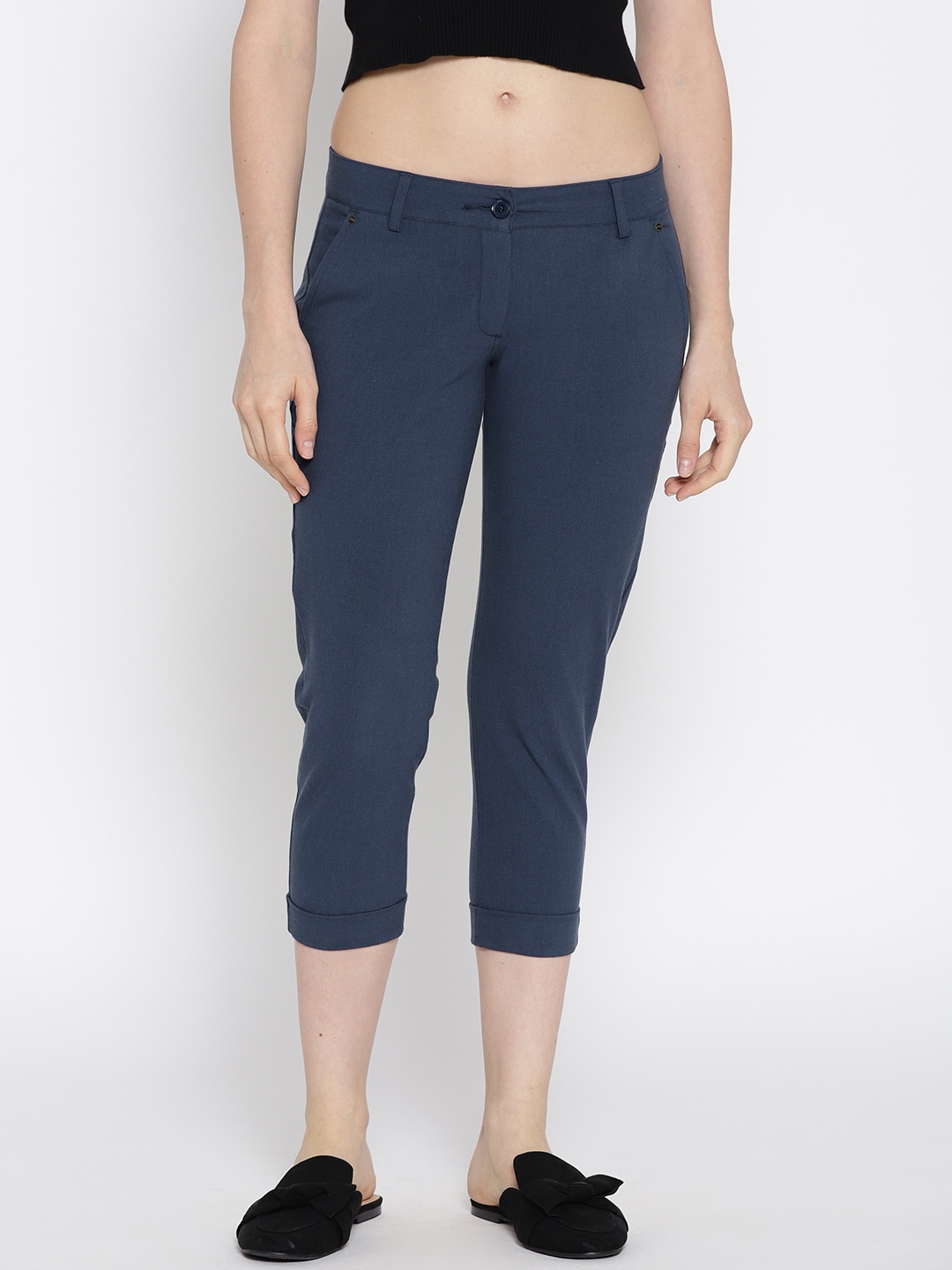 JUMP USA Women Blue Regular Fit Solid Cropped Regular Trousers Price in India