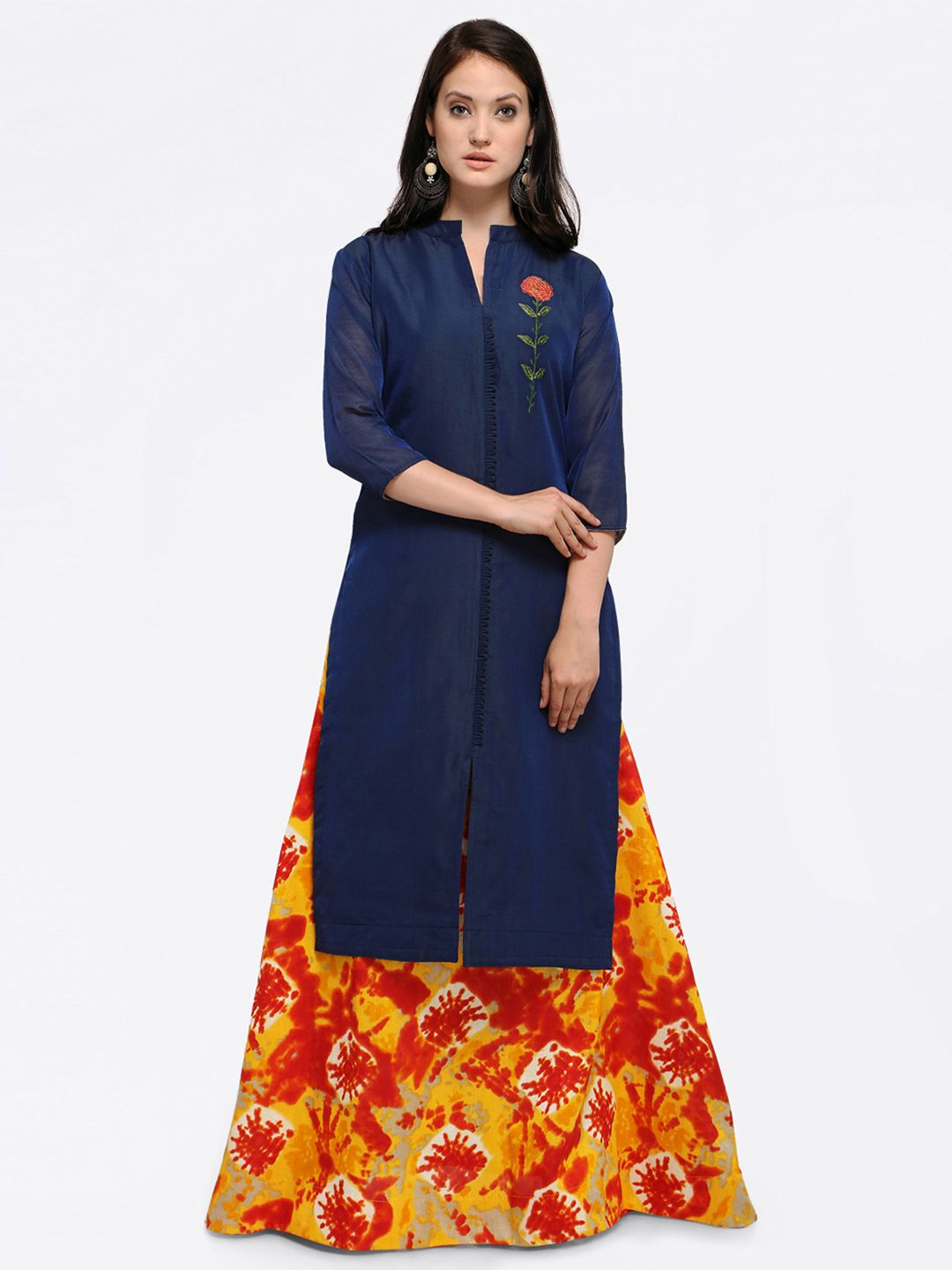 Saree mall Navy Blue & Orange Cotton Blend Semi-Stitched Dress Material Price in India