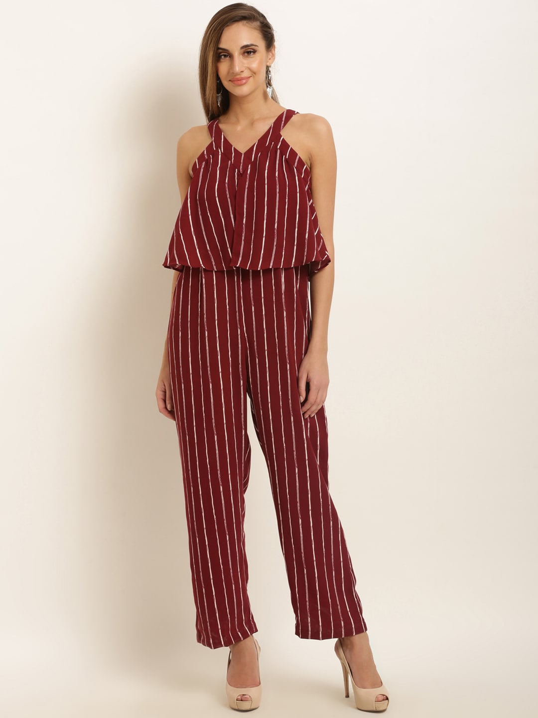 Marie Claire Maroon & White Striped Basic Jumpsuit Price in India