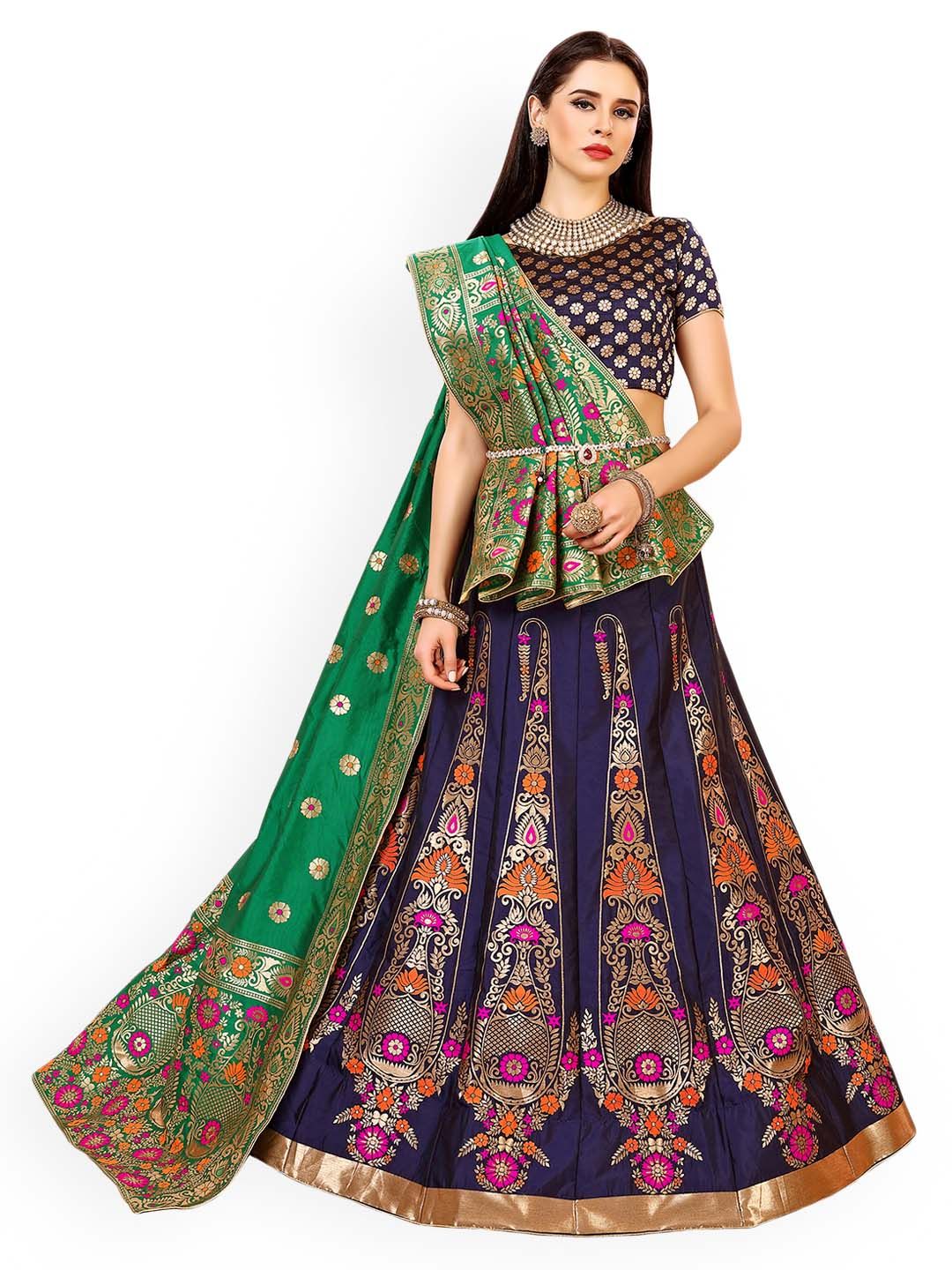 Chhabra 555 Purple & Green Embellished Silk Unstitched Lehenga & Blouse with Dupatta Price in India