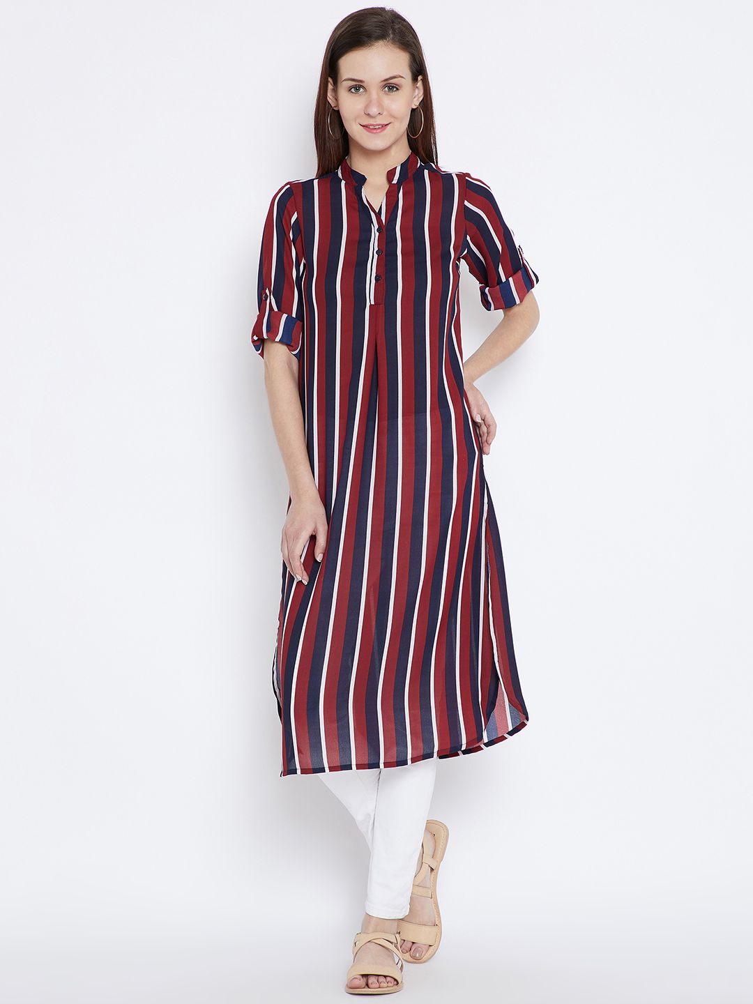 Ruhaans Navy Blue & Maroon Striped Tunic Price in India