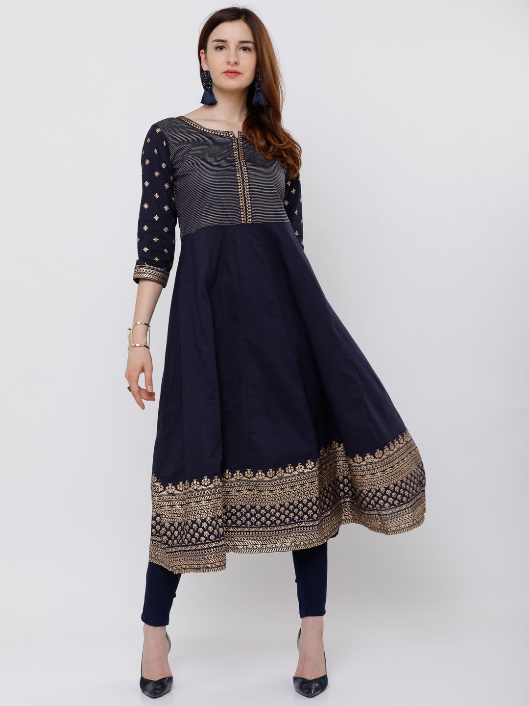 Vishudh Women Navy Blue & Gold-Toned Yoke Design Anarkali Kurta