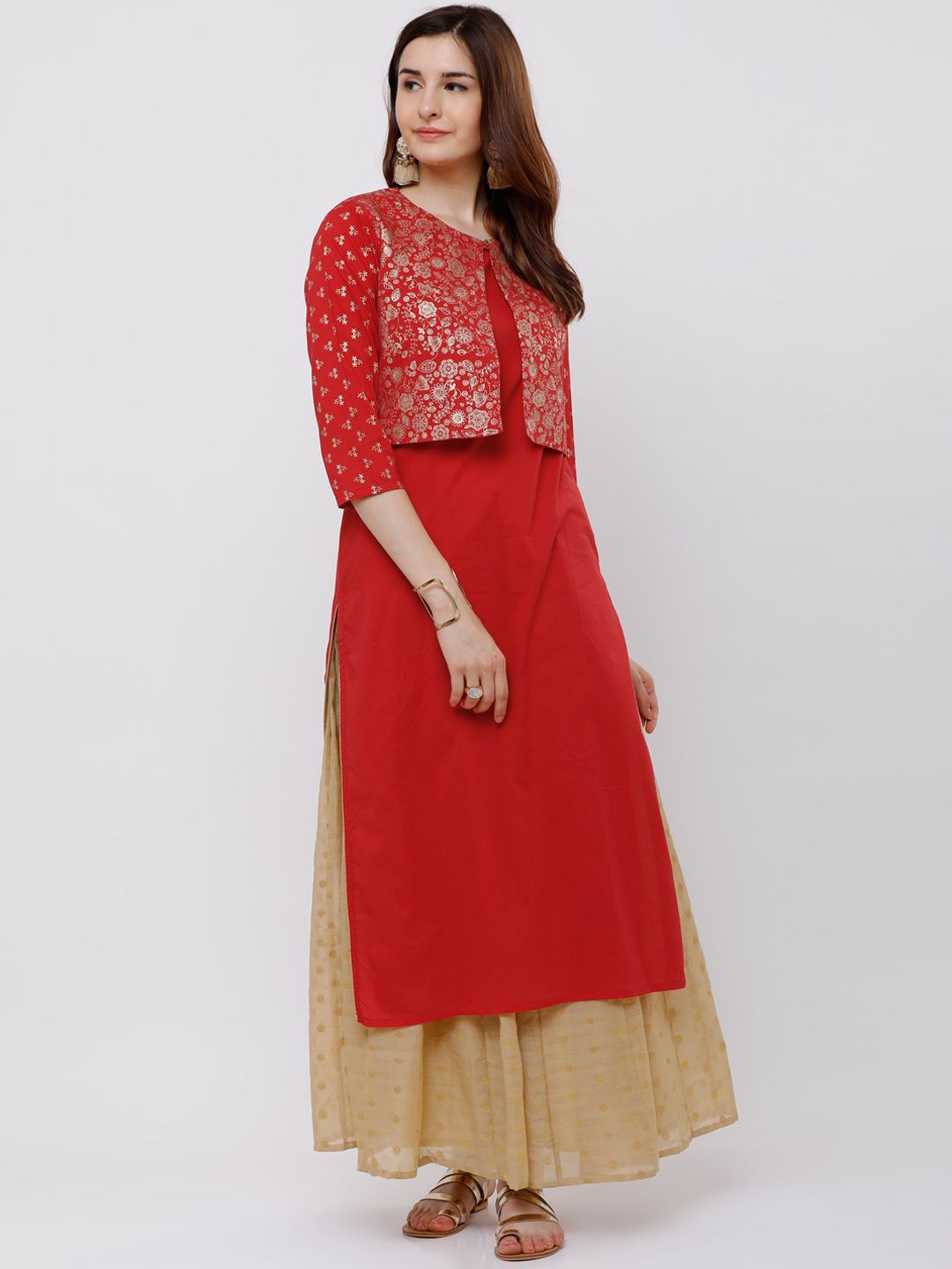 Vishudh Red Foil Print Cotton Straight Kurta With Crop Jacket