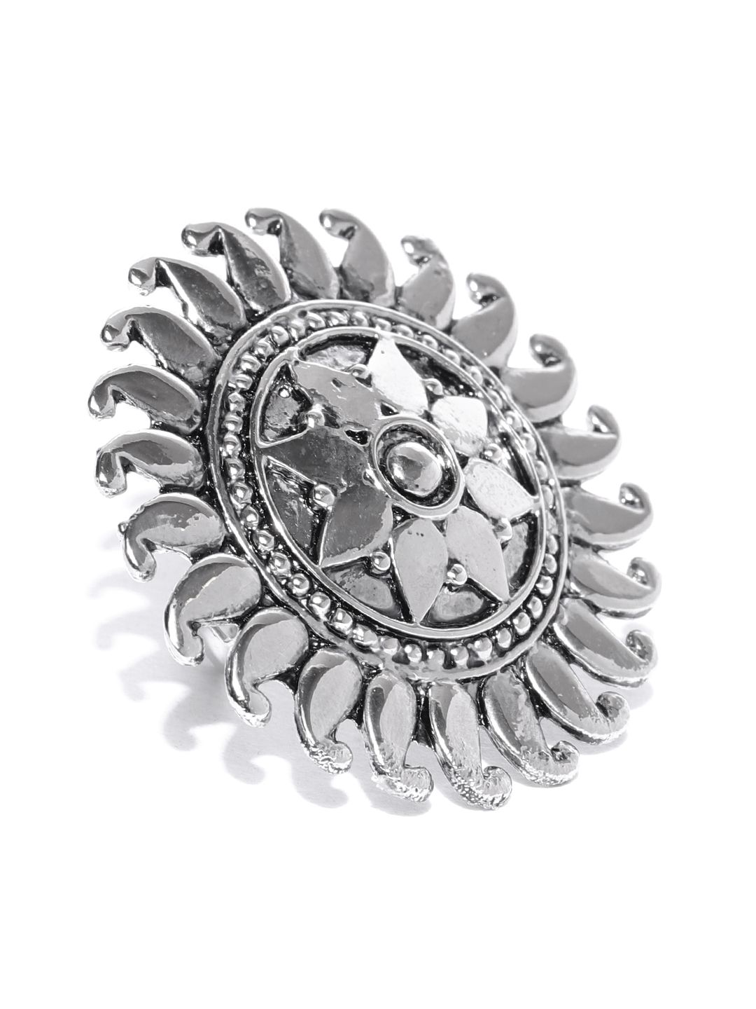 Zaveri Pearls Women Oxidised Silver-Plated Textured Adjustable Ring Price in India