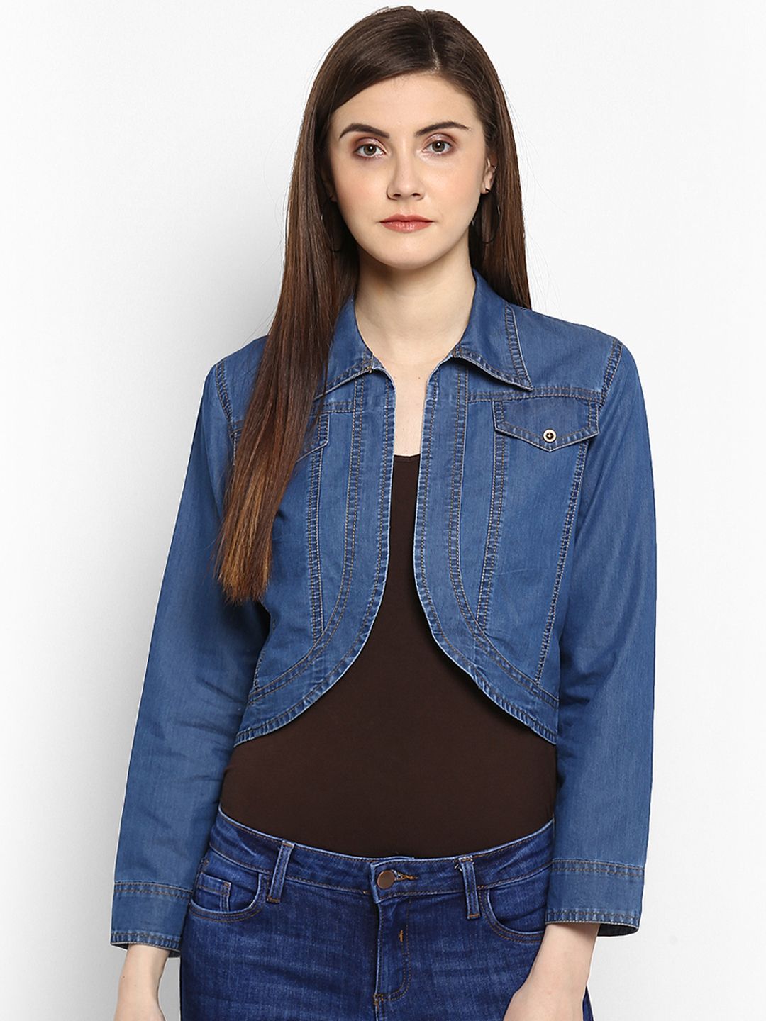 StyleStone Women Blue Self Design Open Front Denim Shrug Price in India