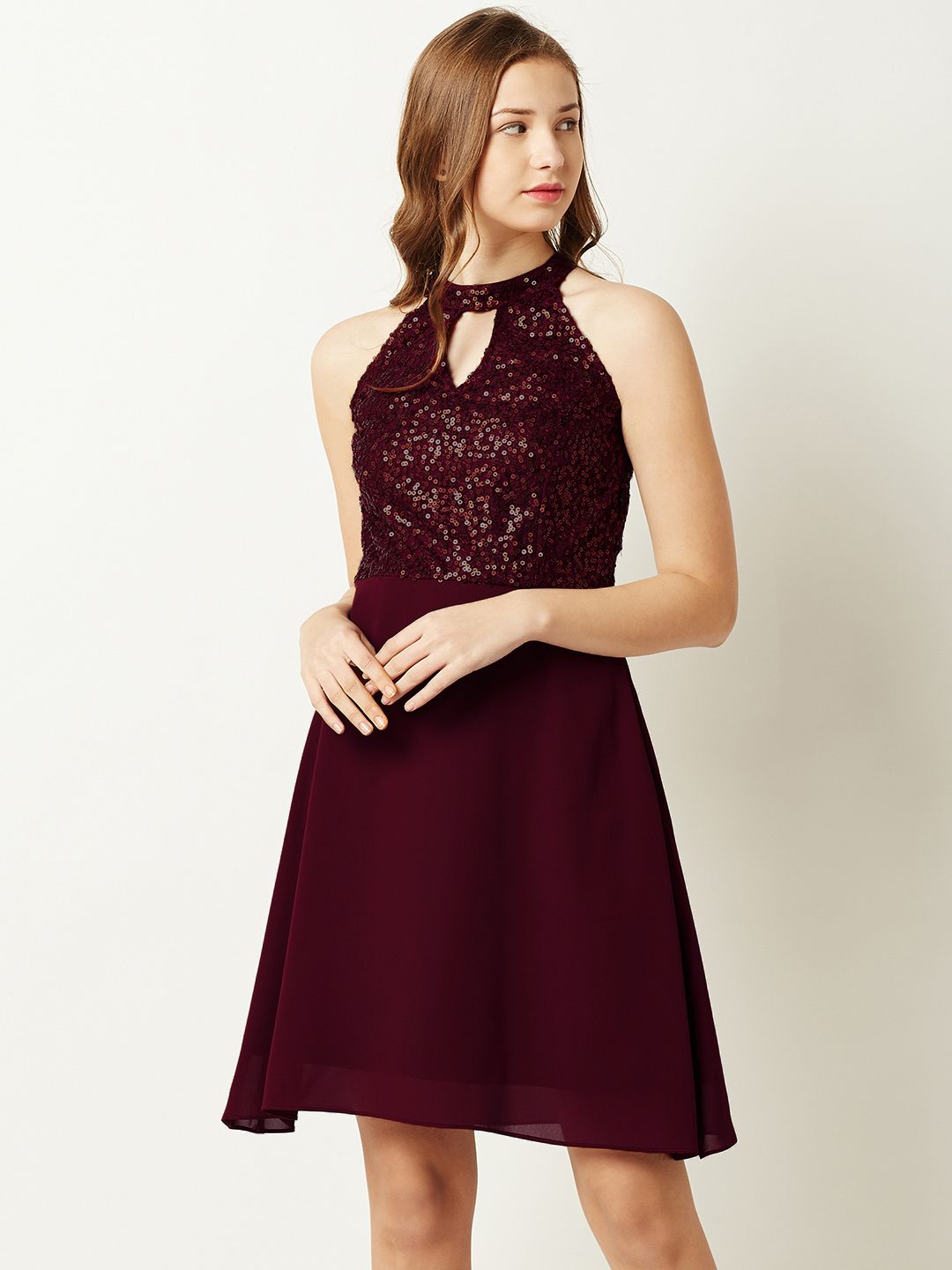 Miss Chase Women Maroon Embellished Fit and Flare Dress Price in India