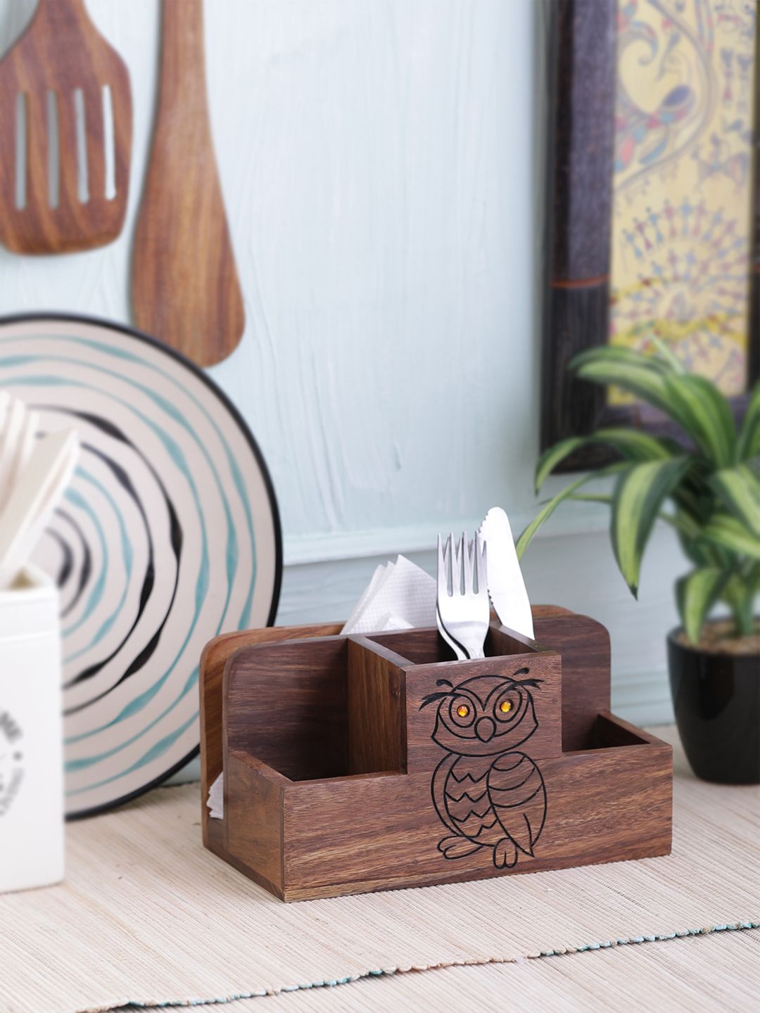 VarEesha Brown Hand-Painted Wise Owl Divided Tissue and Cutlery Holder Price in India