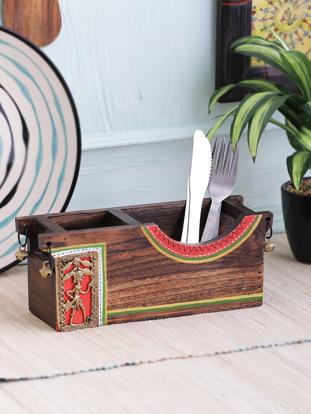VarEesha Hand-Painted Red Curvy Dhokra Wooden Cutlery Holder Price in India