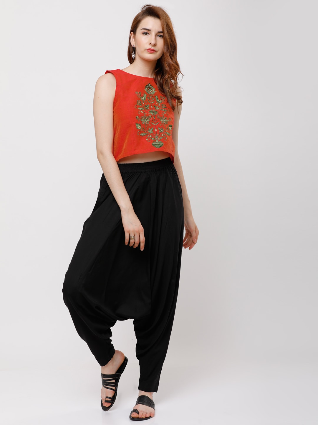 Vishudh Women Rust Red & Black Embroidered Top with Dhoti Pants Price in India