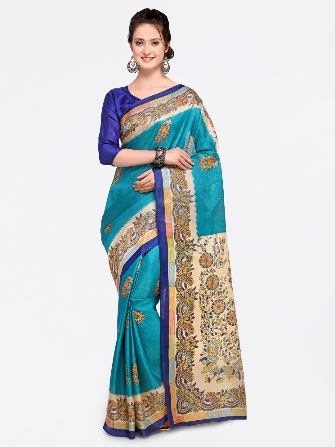Saree mall Teal Green Art Silk Printed Bhagalpuri Saree Price in India