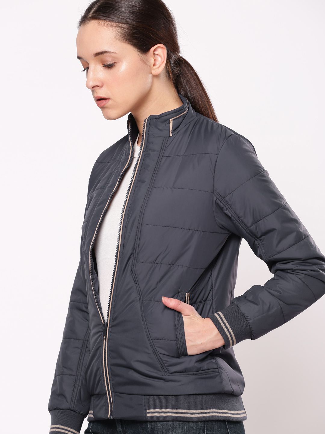 ether Women Navy Blue Solid Bomber Price in India