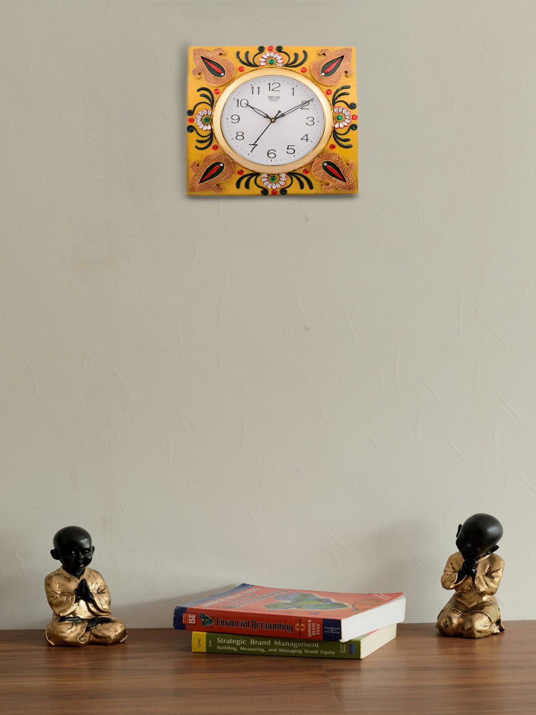 eCraftIndia White Dial Yellow & Red Printed 30.48cmx1.27cm Handcrafted Wall Clock Price in India