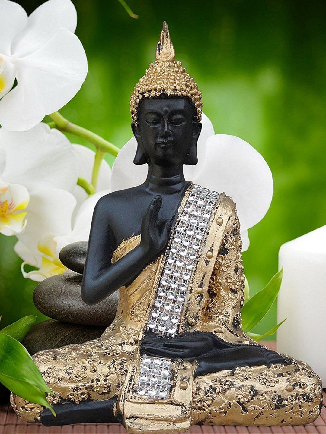 eCraftIndia Gold-Toned & Black Handcrafted Decorative Meditating Buddha Price in India