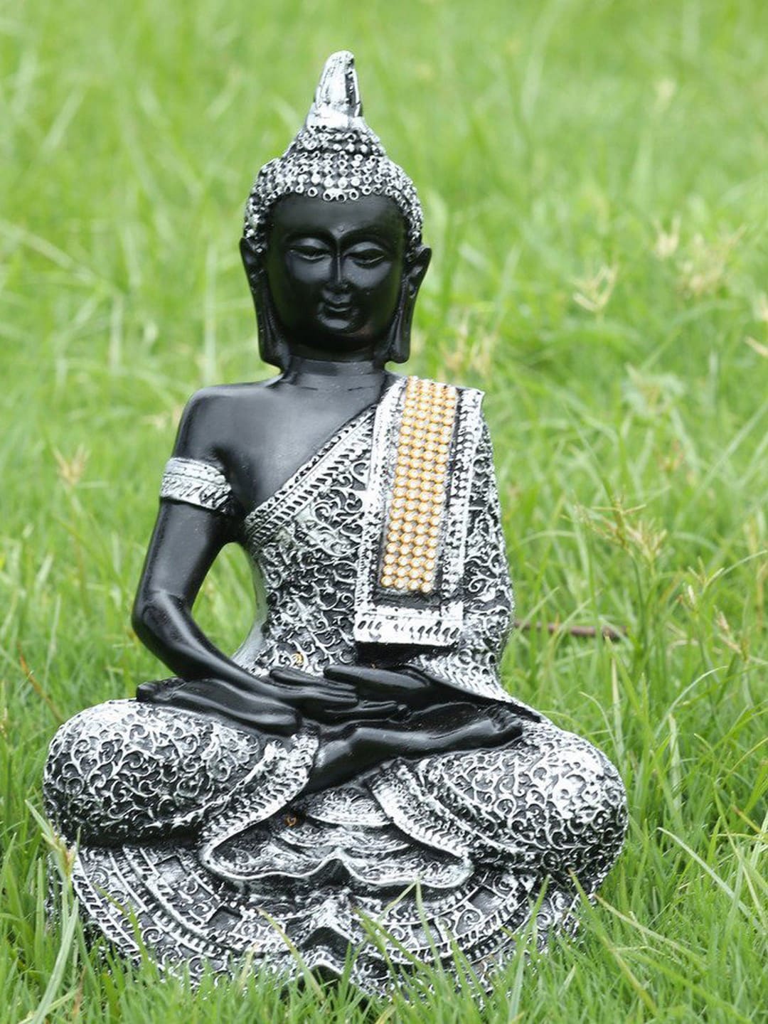 eCraftIndia Silver-Toned & Black Handcrafted Decorative Meditating Buddha Price in India