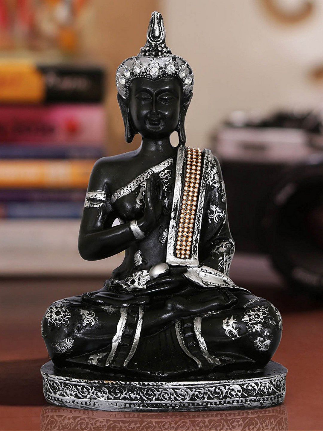 eCraftIndia Silver-Toned & Black Handcrafted Decorative Meditating Buddha Showpiece Price in India